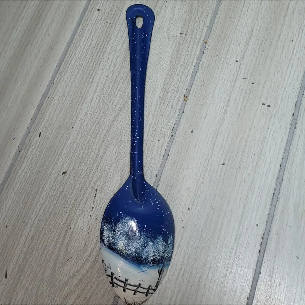 Vtg Handpainted Blue & White Decorative Metal Spoon Snow Scene Artist Sighned